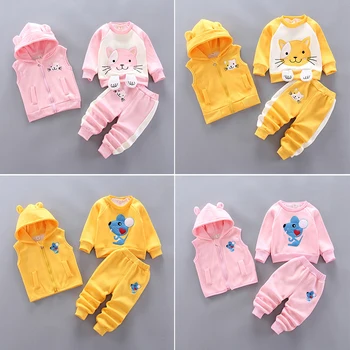 Комплект дрехи за малките момичета с хубави Котка, Есен бархатное палто с шарките на Мишката от картун + Жилетка с цип + Панталони, Костюми за момчета, Детски дрехи 1, 2, 3, 4 години 1