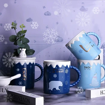 3D Бяла мечка Чаша С Капак, лъжица Чаши за Кафе И Чаши Керамични Творчески Мультяшные мечки Кафеена Чаша Чаена Чаша 2