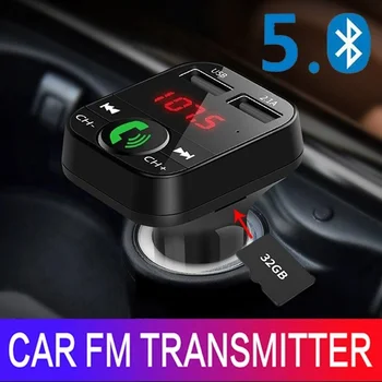Автомобилен Bluetooth 5,0 FM-Предавател Безжичен Високоговорител Микрофон Аудиоприемник Авто MP3 Плеър 2.1 A Dual USB Бързо Зарядно Устройство Аксесоари 1