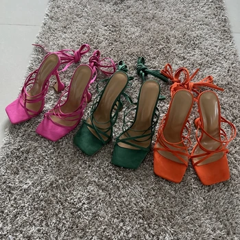 2022 Летни зелени и Оранжеви дамски Сандали, Модерни обувки на висок ток с появата на шнур, Чубрица вечерни обувки-лодка дантела, дамски сандали, Размер 35-42 2