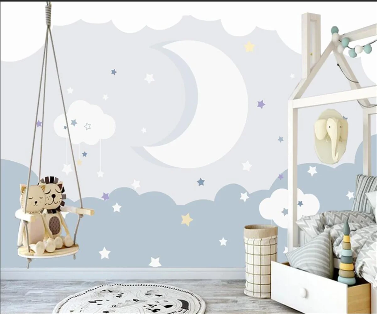 3D тапети за детска стая, ръчно рисувани, проста луната и звездното небе, тапети за интериор на детска градина, тапети за стени Изображение 1