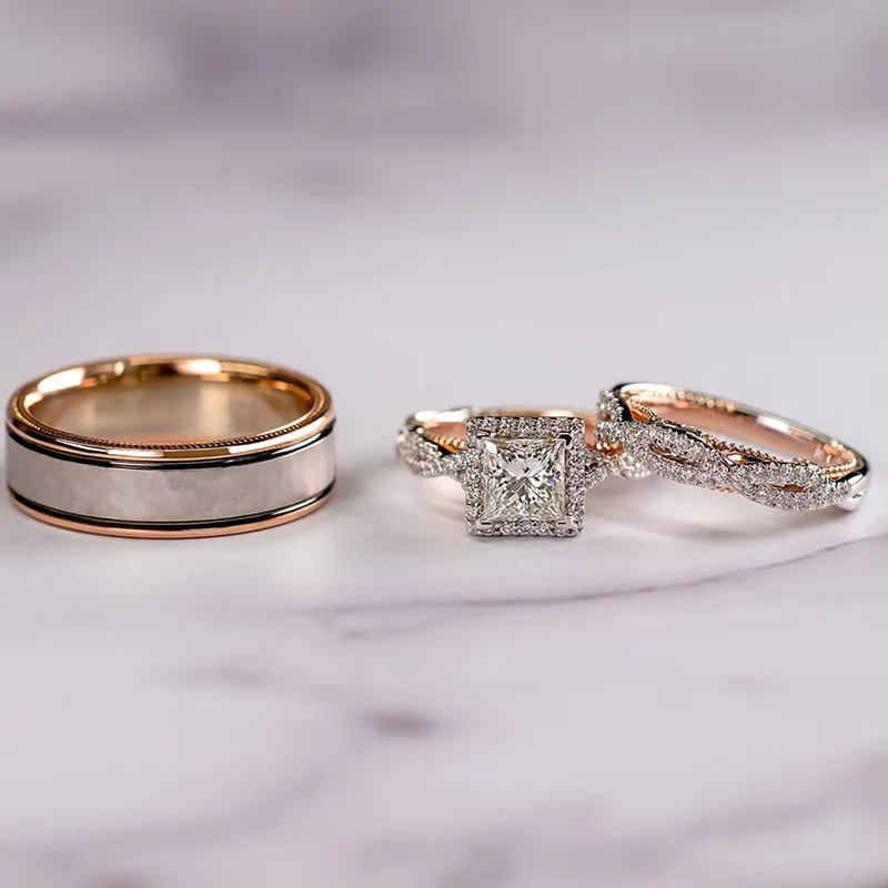 USTAR 3 бр. пръстени комплект за жени Квадратен AAA Циркон цвят Розово Злато-годежни пръстени дамски модни Бижута дрехи-високо качество подарък Изображение 1