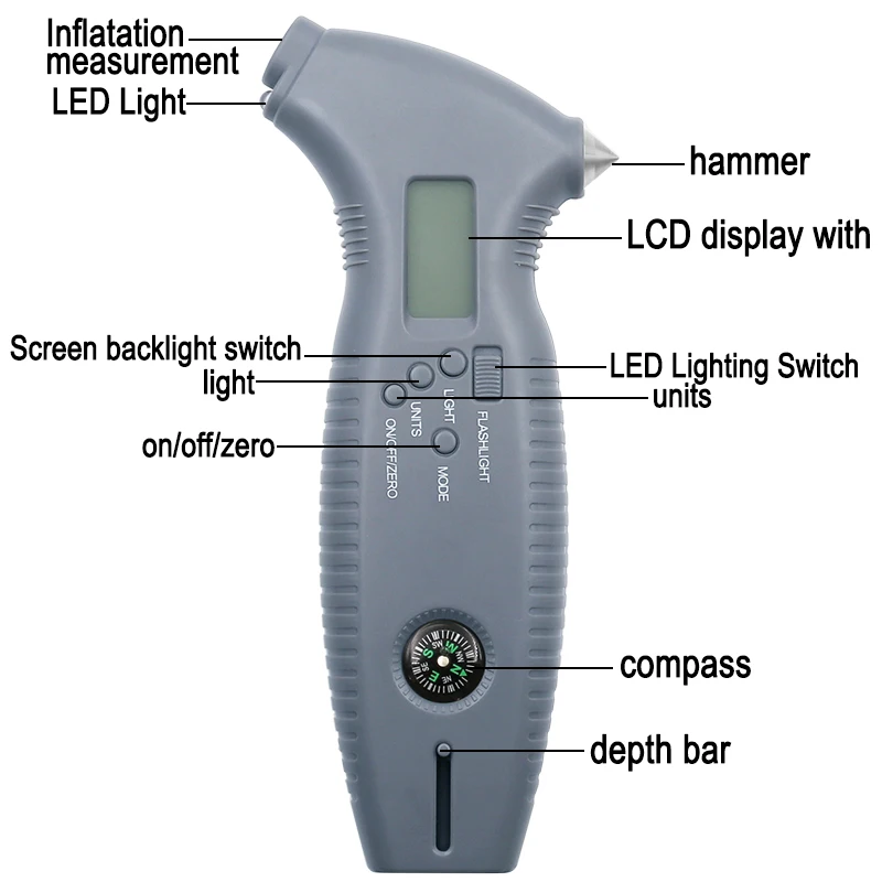 Измервателен инструмент защитен чук с подсветка катер и осем в един цифров датчик за налягането в гумите сензор за налягане в гумите Изображение 1