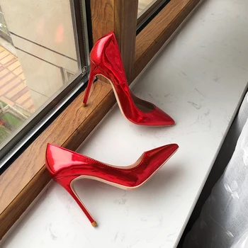 Tikicup/Лъскавите Червени женски сватбени обувки на висок ток с остър пръсти; женски Обикновена Удобни обувки-лодка на висок ток, без съединителни 8 см 10 см на 12 см 2