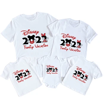Майка и Децата 2022 Disney Еднакви Комплекти За Семейна почивка Дисниленд Мики Модна Тениска За пътуване Бели Летни Дрехи За Малките Момичета 2