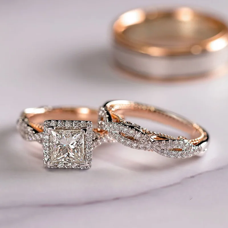 USTAR 3 бр. пръстени комплект за жени Квадратен AAA Циркон цвят Розово Злато-годежни пръстени дамски модни Бижута дрехи-високо качество подарък Изображение 2