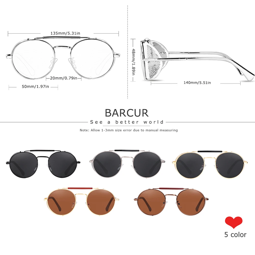 BARCUR Кръгли Очила В Стил steampunk За Мъже, Ретро Поляризирани Слънчеви Очила За Жени, Vintage слънчеви Очила Oculos De Sol Masculino Изображение 3