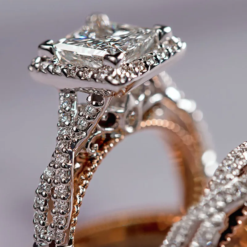 USTAR 3 бр. пръстени комплект за жени Квадратен AAA Циркон цвят Розово Злато-годежни пръстени дамски модни Бижута дрехи-високо качество подарък Изображение 3