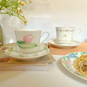 * Градина с Гъби * Корейски стил Реколта Златна Дограма Цвете Керамични Западна Дневна Чиния Кафеена Чаша и Чинийка, Следобеден Чай 2