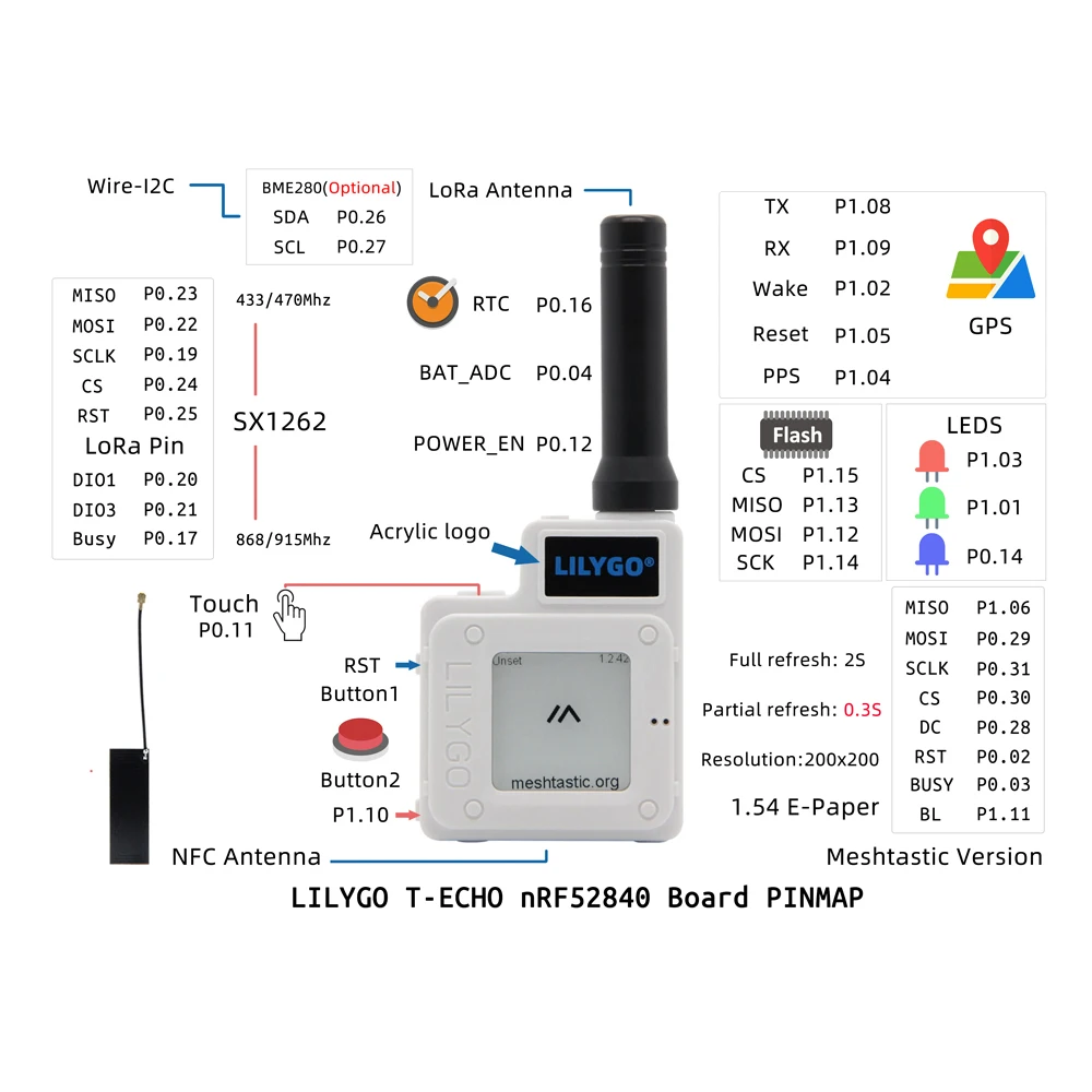 LILYGO® TTGO Meshtastic T-Echo Suzan SX1262 Безжичен Модул 433/868/915 Mhz NRF52840 1,54 Електронна хартия GPS RTC NFC BME280 за Arduino Изображение 5