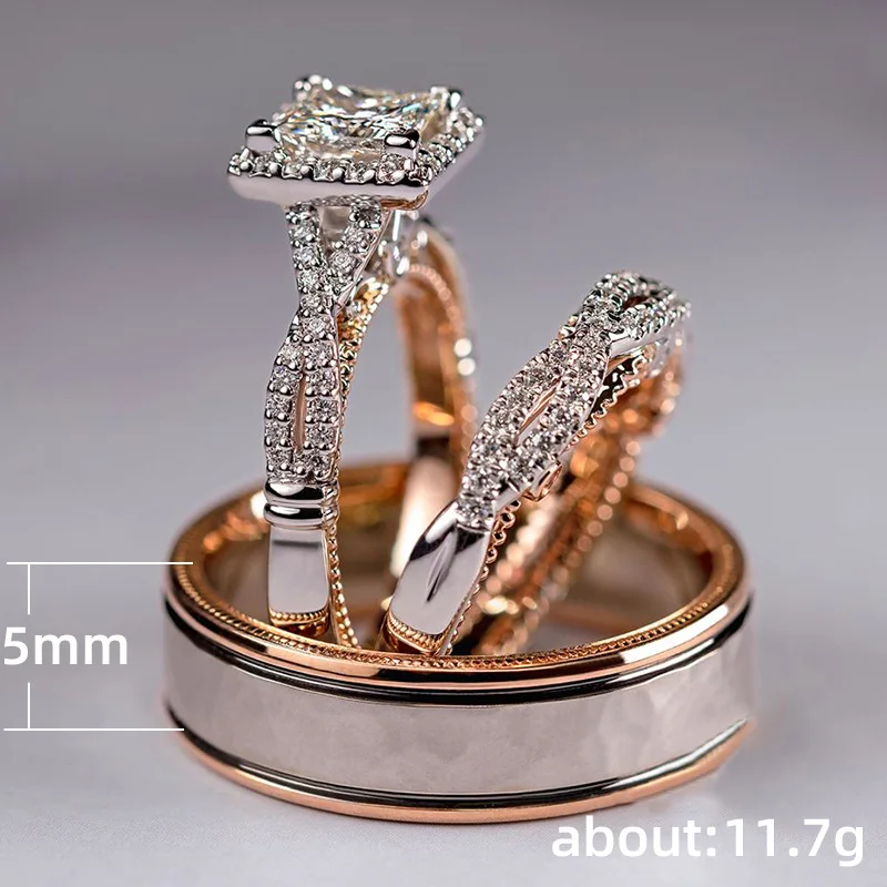 USTAR 3 бр. пръстени комплект за жени Квадратен AAA Циркон цвят Розово Злато-годежни пръстени дамски модни Бижута дрехи-високо качество подарък Изображение 5