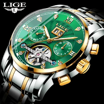 LIGE Green Модерен Мъжки Часовник Mechanica, Най-добрата Марка за Луксозни Водоустойчиви Спортни Автоматични Механични Часовници За Мъже + Кутия 1