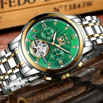 LIGE Green Модерен Мъжки Часовник Mechanica, Най-добрата Марка за Луксозни Водоустойчиви Спортни Автоматични Механични Часовници За Мъже + Кутия 2