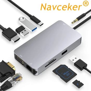 Navceker USB Type C за HDMI, VGA, Gigabit Ethernet Lan RJ45 Адаптер за Macbook Pro Type-C USB-C Хъб Четец на карти USB 3.0 Порт PD 1