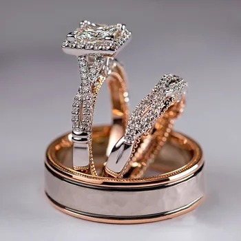 USTAR 3 бр. пръстени комплект за жени Квадратен AAA Циркон цвят Розово Злато-годежни пръстени дамски модни Бижута дрехи-високо качество подарък 1