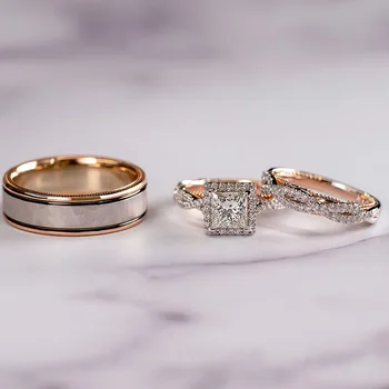USTAR 3 бр. пръстени комплект за жени Квадратен AAA Циркон цвят Розово Злато-годежни пръстени дамски модни Бижута дрехи-високо качество подарък 2