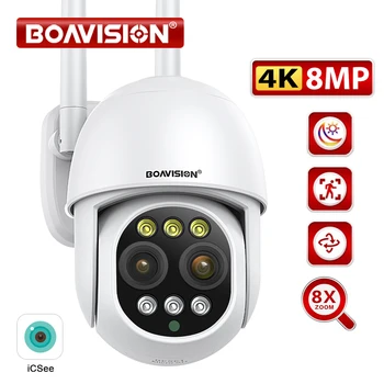 BOAVISION HD 8MP WIFI PTZ Камера с Двойна Леща 8X Цифрово Увеличение Открит 4K AI хуманоиден Автоматично Следене на Мащабиране Аудио iCSee Камера за Сигурност 1