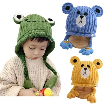 Най-добрата зимна шапка за деца, шапки с мече и жаба, плетени калъф за Бебешки шапки ръчно изработени, топли детски шапки-те за момичета от 3 до 8 години 1