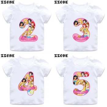 Детска тениска с изображение на Принцеса Дисни с лък и номер Рожден Ден, 1, 2, 3, 4, 5, 6, 7, 8, 9 години, Празнична дреха в стил Kawai за момичета, сладки бебешки Тениски